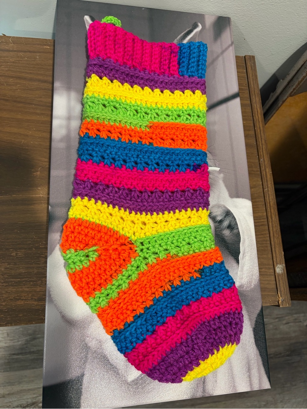 Handmade Rainbow Crochet Christmas Stocking Colorful Bright Holiday Decor - Picture 2 of 2